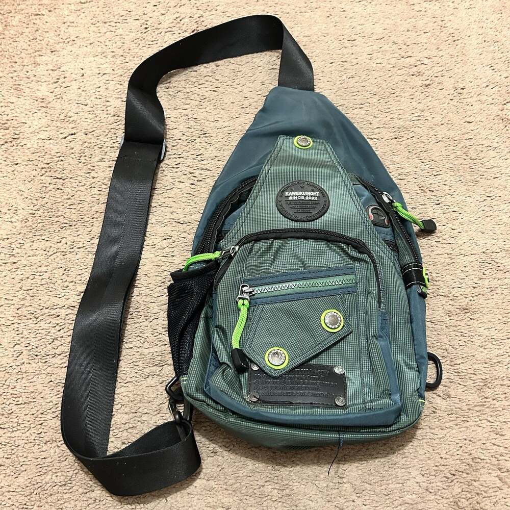 Vtg Kawei Knight Sling Bag Backpack Cross Body Messenger Travel Pockets Green